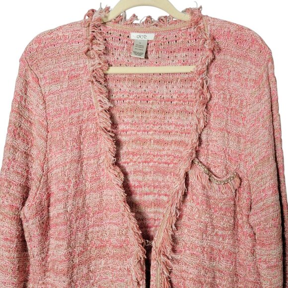Cache Womens Pink Tweed Business Work Office Coquette Fringe Cardigan Jacket XL - Picture 2 of 10